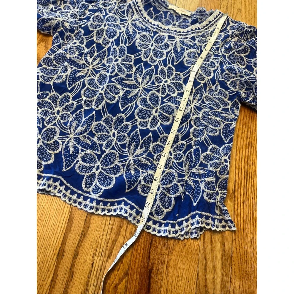 Solitaire Blue White Floral Embroidered Puff Sleeve Blouse Top Medium b1